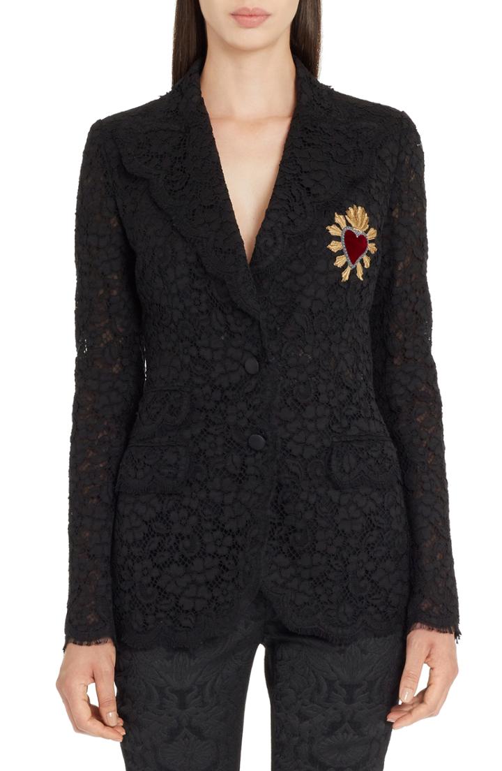 Women's Dolce & Gabbana Heart Patch Lace Blazer Us / 44 It - Black