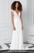 Women's Bliss Monique Lhuillier Lace Plunge Neck Trumpet Gown, Size - White