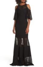 Women's Tadashi Shoji Embroidered Pintuck Cold Shoulder Gown - Black