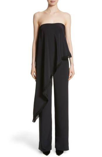 Women's Adam Lippes Fringe Trim Satin Crepe Asymmetrical Jumpsuit - Black