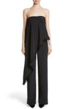 Women's Adam Lippes Fringe Trim Satin Crepe Asymmetrical Jumpsuit - Black