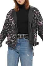 Women's Topshop Eddie Rhinestone & Paint Splatter Leather Biker Jacket Us (fits Like 0) - Black