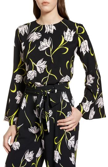 Petite Women's Halogen Bow Back Print Flare Sleeve Tunic, Size P - Black
