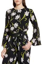 Petite Women's Halogen Bow Back Print Flare Sleeve Tunic, Size P - Black