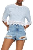 Women's Topshop Stripe Lace Hem Crop Shirt Us (fits Like 0) - Blue