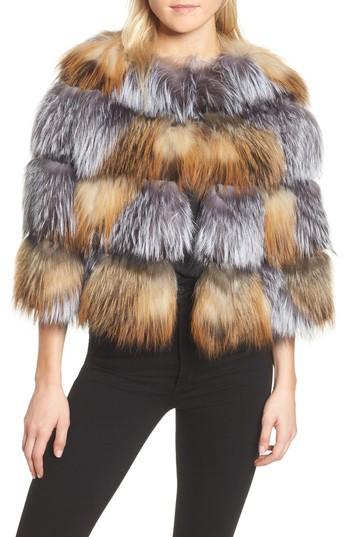 Women's Belle Fare Laser Cut Genuine Fox Fur Jacket - Beige