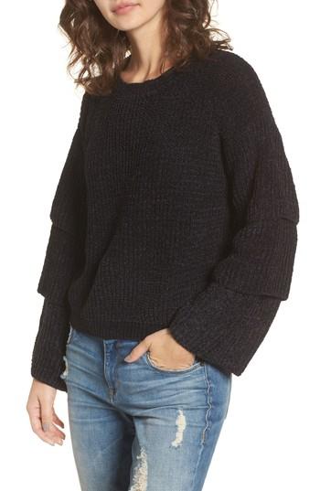 Women's Woven Heart Triple Ruffle Sweater - Black