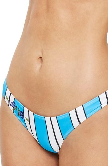 Women's Topshop Stripe Floral Embroidered High Leg Bikini Bottoms Us (fits Like 0) - Blue