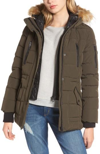 Women's Guess Vestee Anorak With Faux Fur Trim - Green