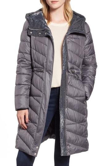 Women's Marc New York Velvet Trim Quilted Coat - Grey