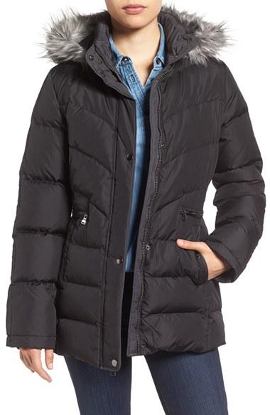 Women's Larry Levine Quilted Coat With Faux Fur Trim - Black