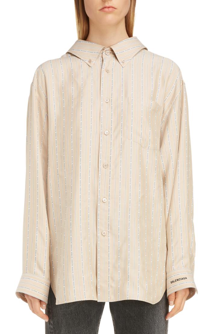 Women's Balenciaga Logo Stripe Silk Shirt Us / 40 Fr - Ivory