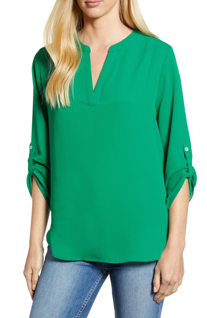 Petite Women's Everleigh Roll-tab Sleeve Tunic, Size P - Green