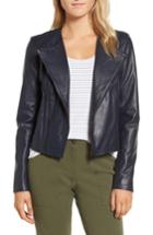 Women's Nordstrom Signature Ruffle Back Leather Jacket - Blue