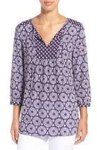 Women's Nydj 'patchwork Mosaic' Print Split Neck Blouse - Black