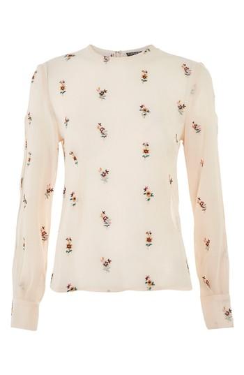 Women's Topshop Floral Embroidered Split Sleeve Top Us (fits Like 0) - Beige