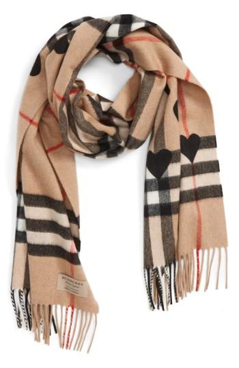 Women's Burberry Heart & Giant Check Fringed Cashmere Scarf, Size - Beige