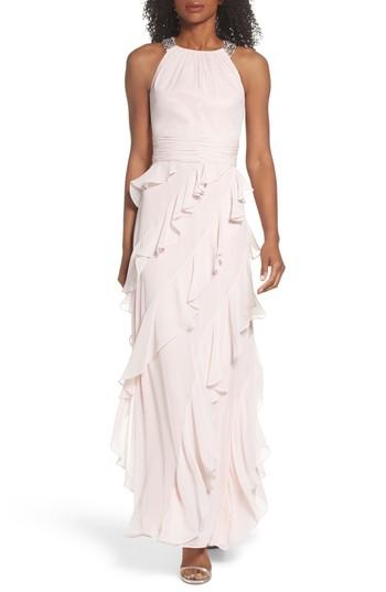 Women's Eliza J Embellished Ruffle Chiffon Gown - Pink
