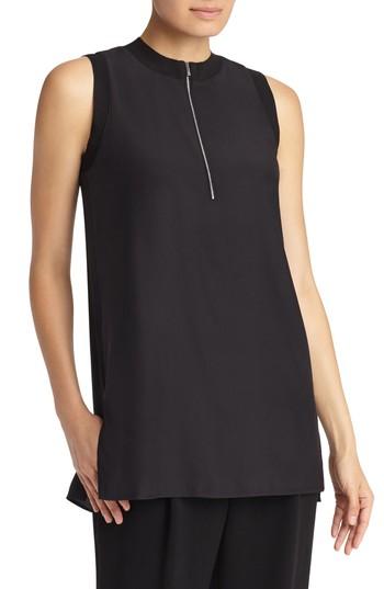 Women's Lafayette 148 New York Foley Knit Trim Matte Silk Blouse, Size - Black