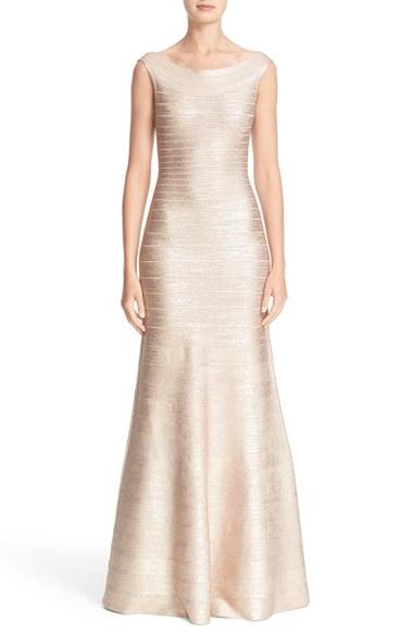Women's Herve Leger Metallic Knit Bateau Neck Gown