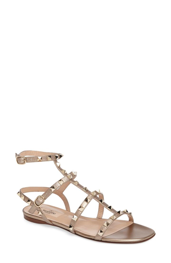 Women's Valentino Garavani 'rockstud' Gladiator Sandal .5us / 37.5eu - Metallic