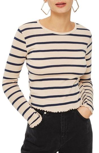 Women's Topshop Stripe Lettuce Hem Crop Top Us (fits Like 0-2) - Beige