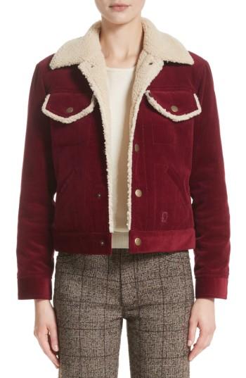 Women's Marc Jacobs Crop Corduroy Jacket With Faux Shearling Trim - Burgundy