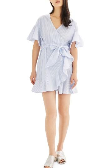 Women's Topshop Stripe Ruffle Wrap Dress Us (fits Like 0) - Blue