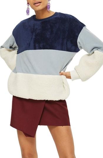 Women's Topshop Colorblock Fleece Sweatshirt Us (fits Like 0) - Blue