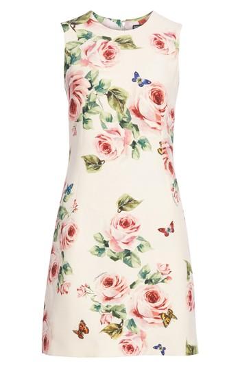 Women's Dolce & Gabbana Rose Print Wool & Silk Shift Dress Us / 44 It - Pink