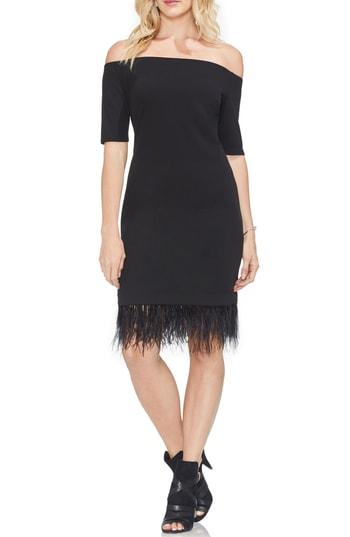 Women's Vince Camuto Off The Shoulder Feather Detail Dress, Size - Black