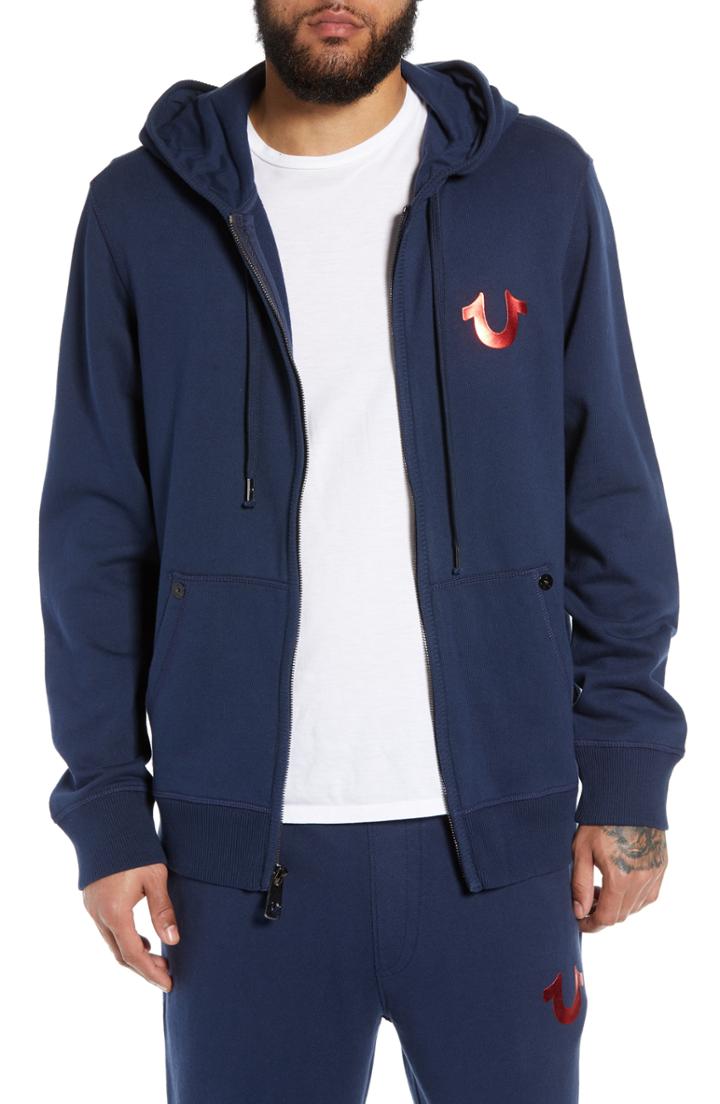 Men's True Religion Brand Jeans World Tour Foil Buddha Zip Front Hoodie - Blue
