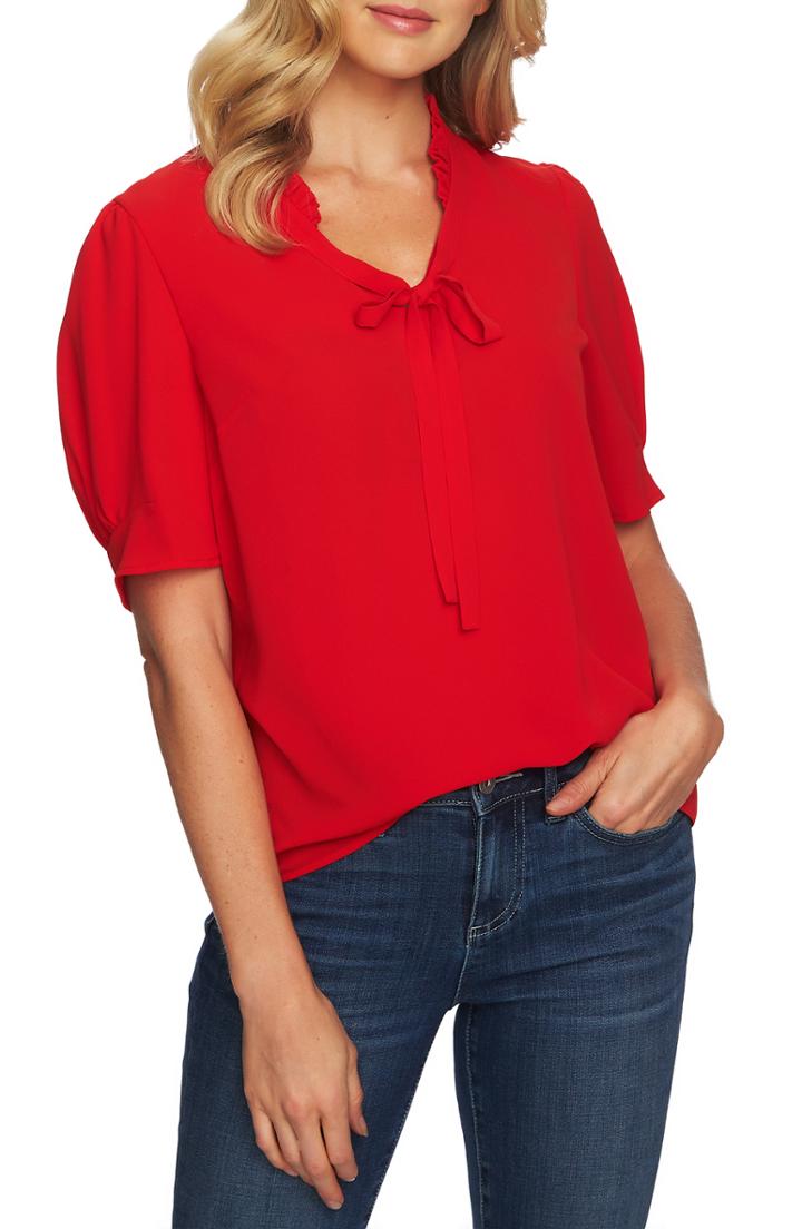 Women's Cece Tie Neck Puff Sleeve Blouse - Red