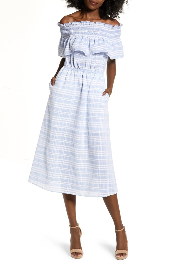 Women's English Factory Off The Shoulder Smocked Midi Dress - Blue