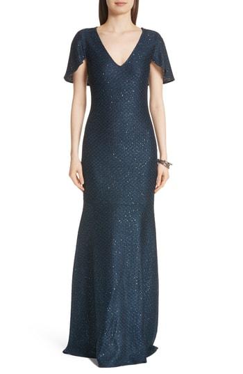 Women's St. John Evening Cape Sleeve Shimmer Sequin Knit Gown - Green