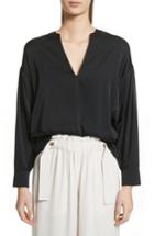 Women's Vince Ruched Split Neck Stretch Silk Blouse - Black