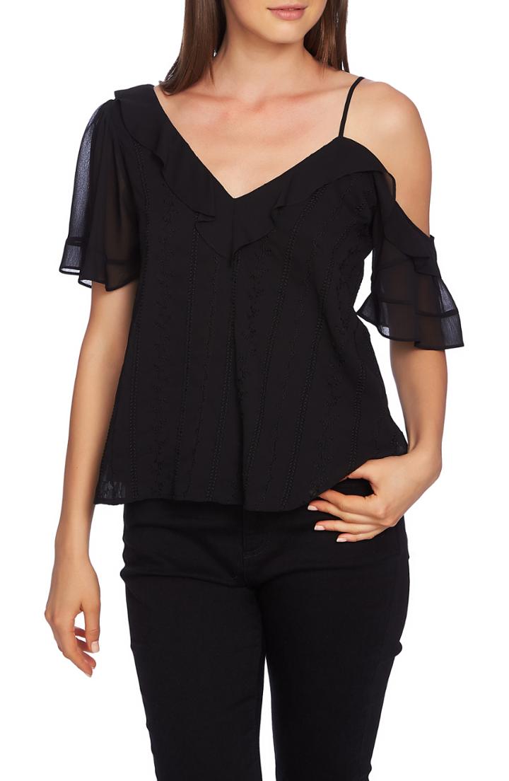 Women's 1.state Ruffle One-shoulder Embroidered Top - Black