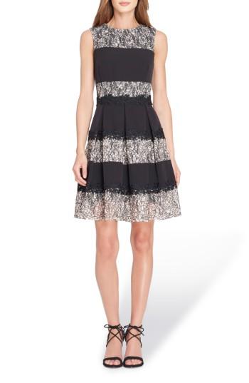 Women's Tahari Stripe Lace Fit & Flare Dress - Black