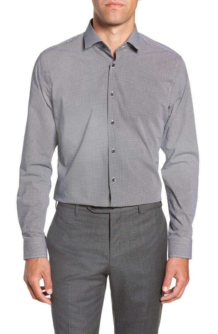 Men's Calibrate Trim Fit Stretch Non-iron Geometric Dress Shirt 32/33 - Black