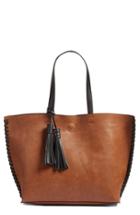 Phase 3 Whipstitch Tassel Faux Leather Tote - Brown