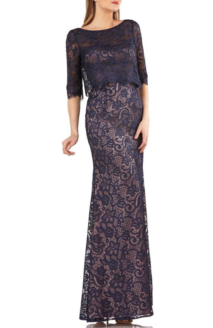Women's Js Collection Embroidered Lace Scallop Trim Evening Dress - Blue