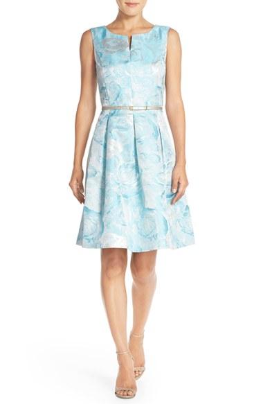 Women's Ellen Tracy Belted Metallic Jacquard Fit & Flare Dress