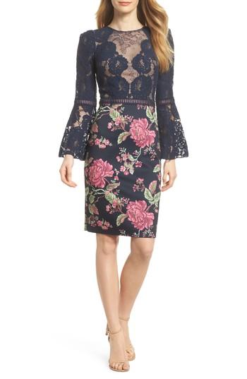 Women's Tadashi Shoji Lace & Neoprene Bell Sleeve Dress - Blue