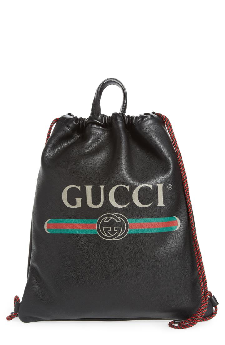 Gucci Logo Leather Drawstring Backpack -