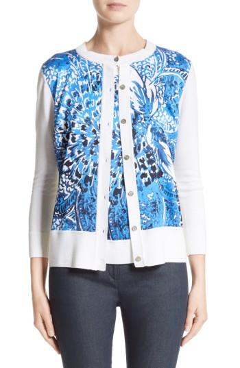 Women's St. John Collection Lotus Blossom Print Cardigan, Size - White