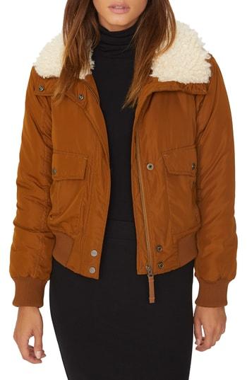 Women's Sanctuary Aviator Faux Fur Collar Flight Jacket - Brown