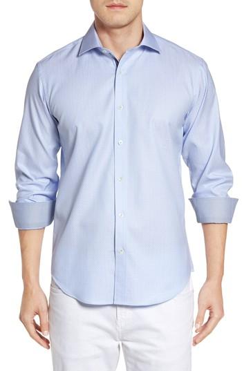 Men's Bugatchi Shaped Fit Zigzag Jacquard Sport Shirt, Size - Blue