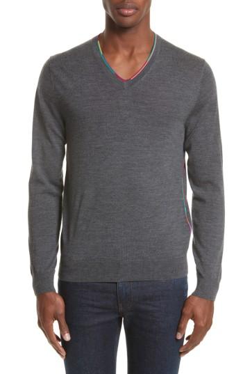 Men's Ps Paul Smith Stripe V-neck Sweater - Grey