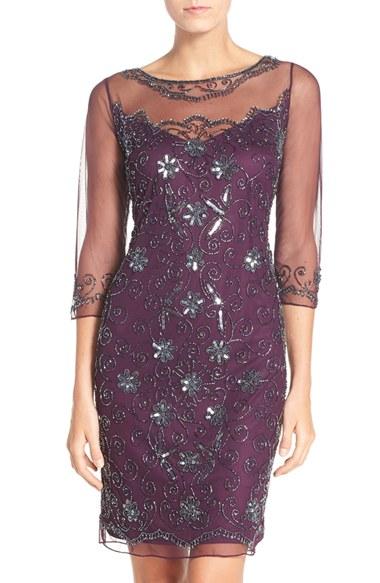 Petite Women's Pisarro Nights Beaded Mesh Sheath Dress P - Purple