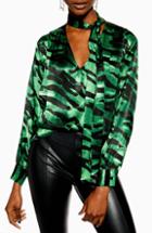 Women's Topshop Tiger Print Pussybow Blouse Us (fits Like 0) - Green